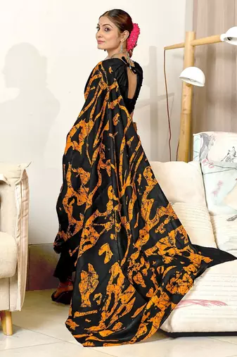 Mustard block print mulmul cotton saree with blouse.