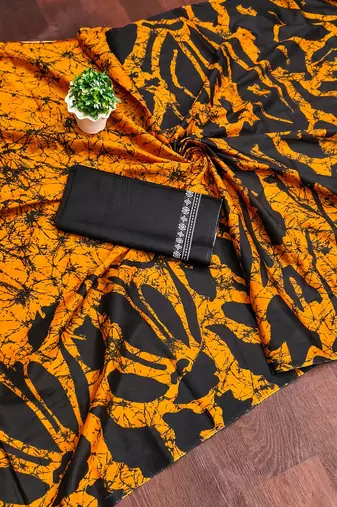 Mustard block print mulmul cotton saree with blouse.