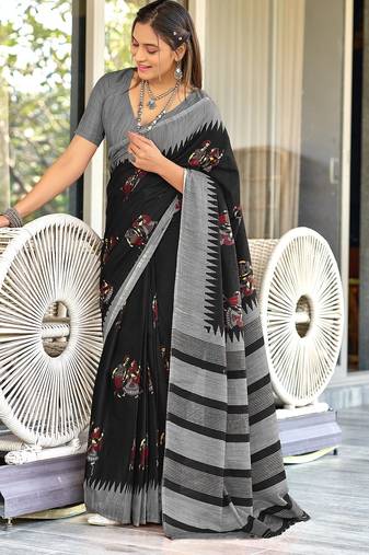 Black kalamkari, striped print mulmul cotton saree with blouse.