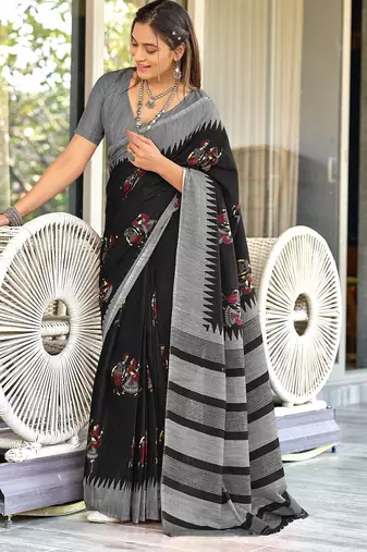 Black kalamkari, striped print mulmul cotton saree with blouse.