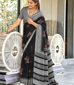 Black kalamkari, striped print mulmul cotton saree with blouse.
