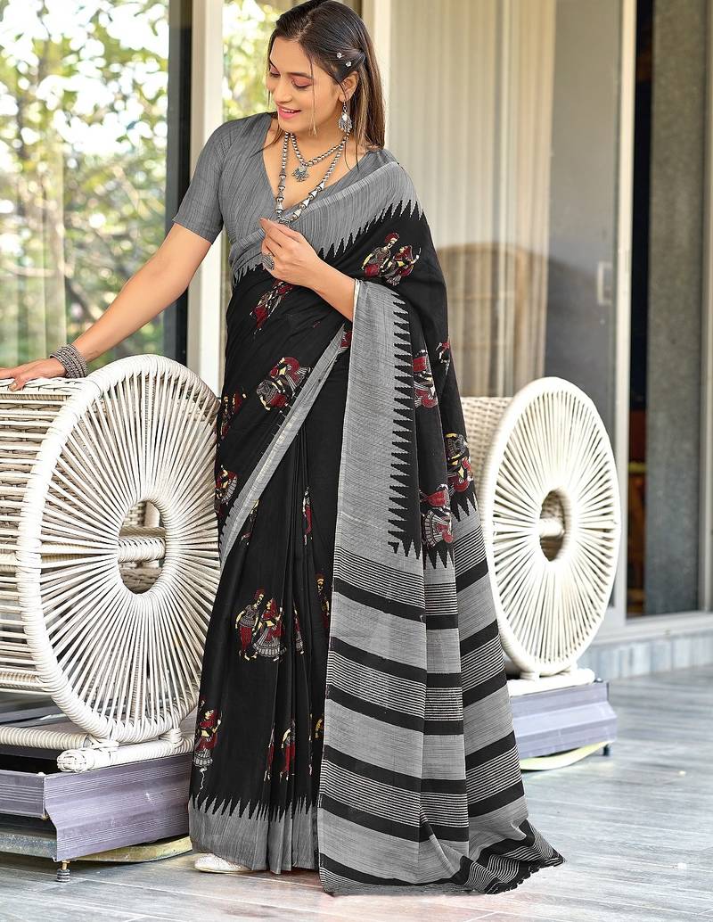 Black kalamkari, striped print mulmul cotton saree with blouse.