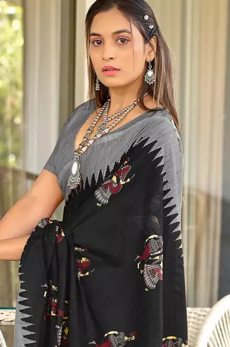 Black kalamkari, striped print mulmul cotton saree with blouse.