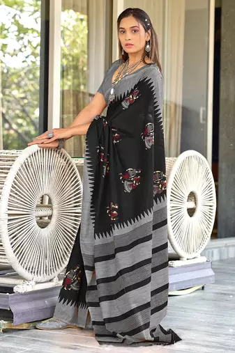Black kalamkari, striped print mulmul cotton saree with blouse.