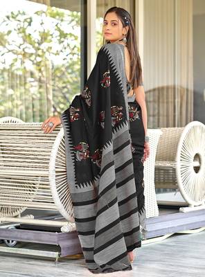 Black kalamkari, striped print mulmul cotton saree with blouse. 4