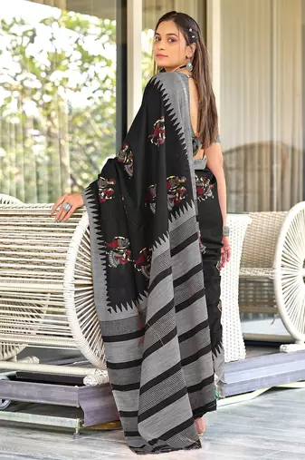 Black kalamkari, striped print mulmul cotton saree with blouse.