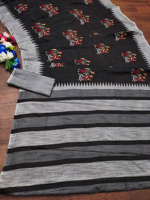 Black kalamkari, striped print mulmul cotton saree with blouse. 5
