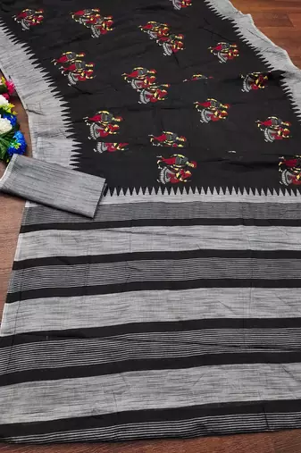 Black kalamkari, striped print mulmul cotton saree with blouse.