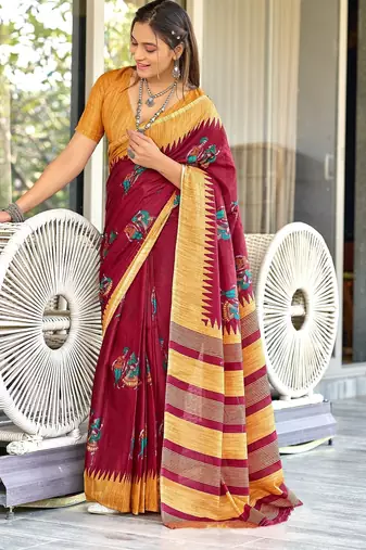 Red kalamkari, striped print mulmul cotton saree with blouse.