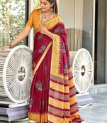 Red kalamkari, striped print mulmul cotton saree with blouse.