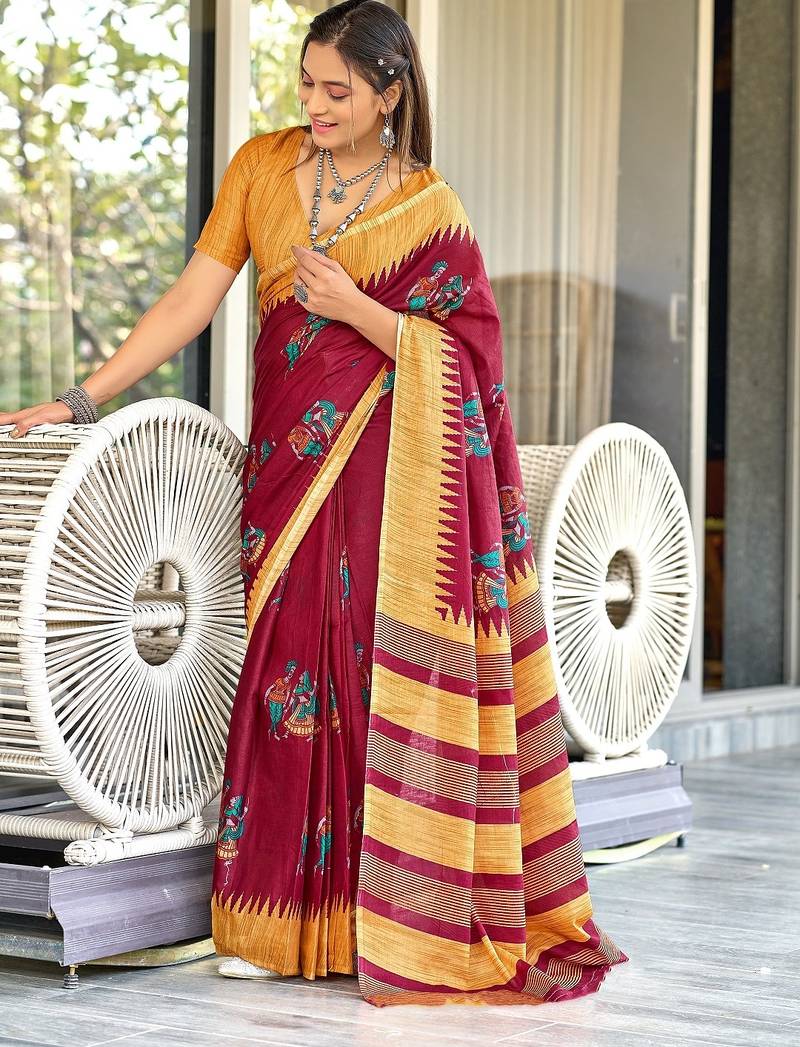Red kalamkari, striped print mulmul cotton saree with blouse.