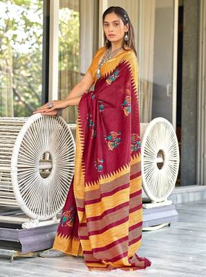 Red kalamkari, striped print mulmul cotton saree with blouse. 3