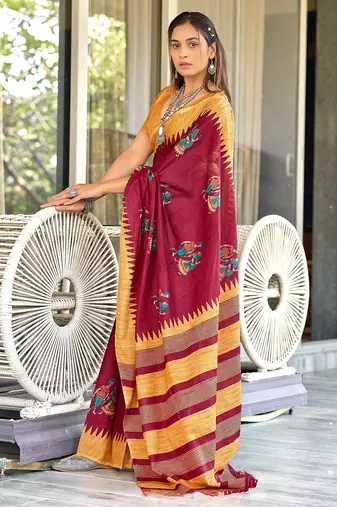 Red kalamkari, striped print mulmul cotton saree with blouse.