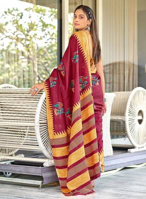 Red kalamkari, striped print mulmul cotton saree with blouse. 4