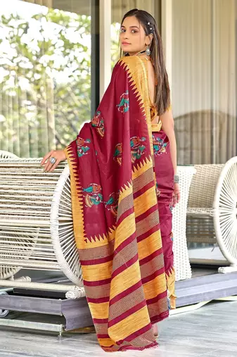 Red kalamkari, striped print mulmul cotton saree with blouse.