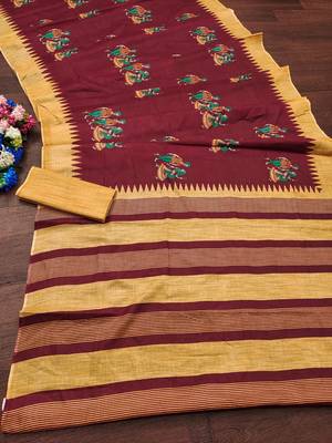 Red kalamkari, striped print mulmul cotton saree with blouse. 5