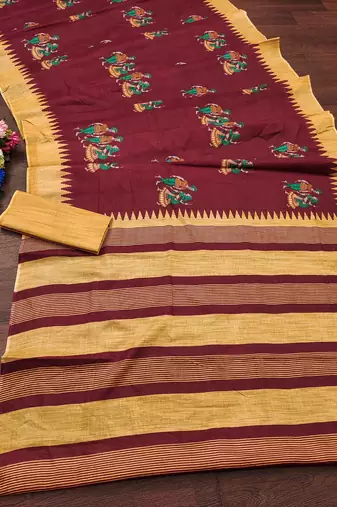 Red kalamkari, striped print mulmul cotton saree with blouse.