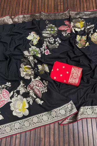 Black Color Meenakari Big Butterfly Figure Flower Work Viscos Khaddi Sarere