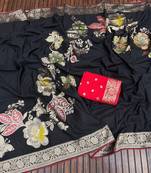 Black Color Meenakari Big Butterfly Figure Flower Work Viscos Khaddi Sarere