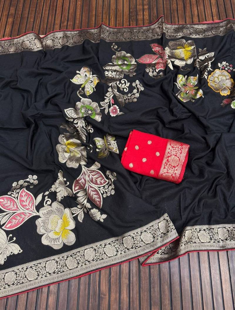 Black Color Meenakari Big Butterfly Figure Flower Work Viscos Khaddi Sarere