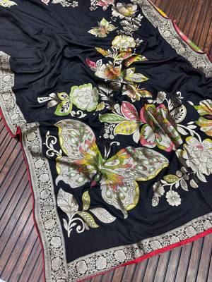 Black Color Meenakari Big Butterfly Figure Flower Work Viscos Khaddi Sarere 2