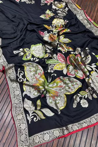 Black Color Meenakari Big Butterfly Figure Flower Work Viscos Khaddi Sarere