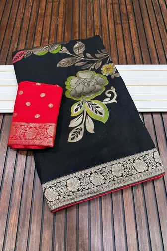 Black Color Meenakari Big Butterfly Figure Flower Work Viscos Khaddi Sarere