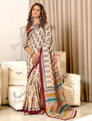Maroon floral, paisely print mulmul cotton saree with blouse. 1