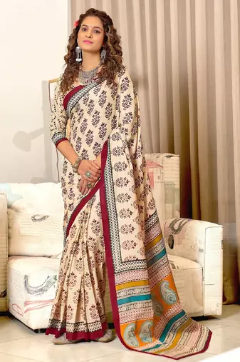 Maroon floral, paisely print mulmul cotton saree with blouse.