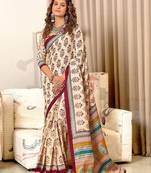 Maroon floral, paisely print mulmul cotton saree with blouse.