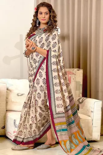 Maroon floral, paisely print mulmul cotton saree with blouse.