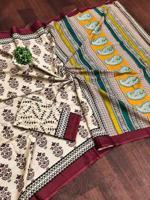 Maroon floral, paisely print mulmul cotton saree with blouse. 5