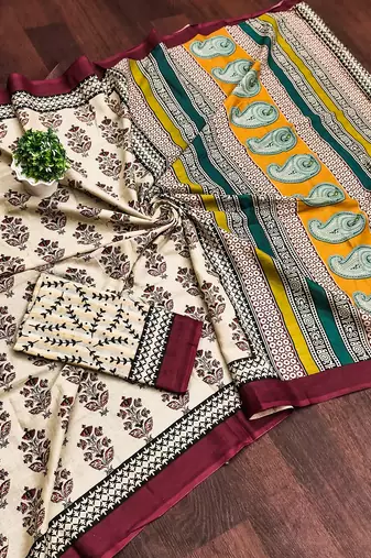 Maroon floral, paisely print mulmul cotton saree with blouse.