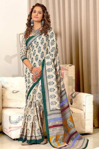 Teal blue floral, paisely print mulmul cotton saree with blouse.