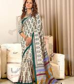 Teal blue floral, paisely print mulmul cotton saree with blouse.