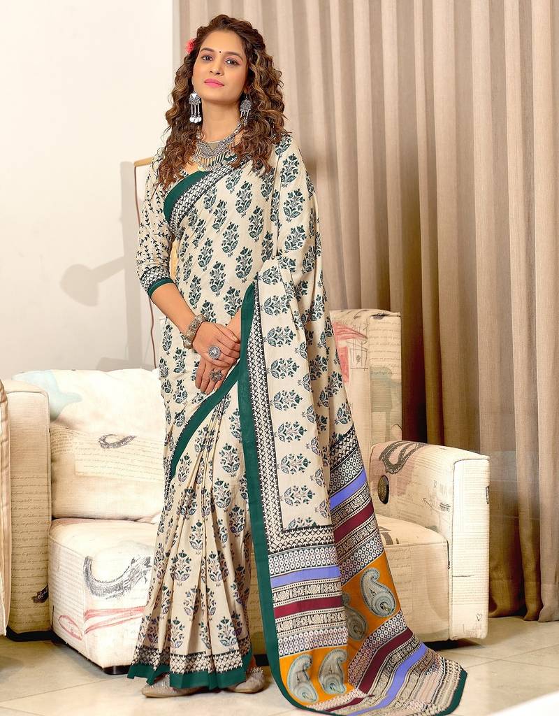 Teal blue floral, paisely print mulmul cotton saree with blouse.