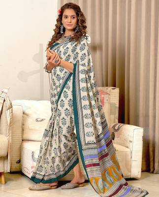 Teal blue floral, paisely print mulmul cotton saree with blouse. 3