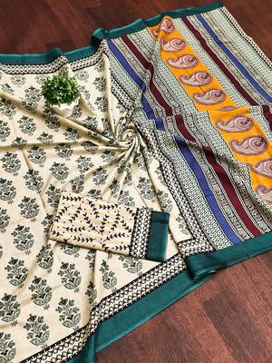 Teal blue floral, paisely print mulmul cotton saree with blouse. 5