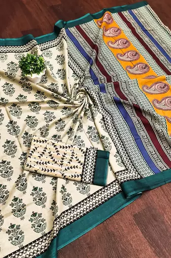 Teal blue floral, paisely print mulmul cotton saree with blouse.