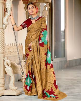 Gold floral print mulmul cotton saree with blouse. 1
