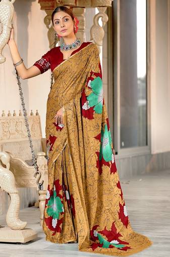 Gold floral print mulmul cotton saree with blouse.