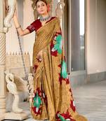 Gold floral print mulmul cotton saree with blouse.