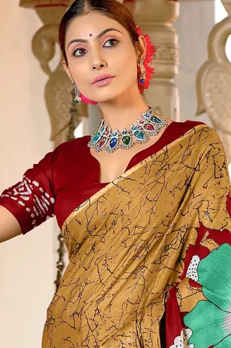 Gold floral print mulmul cotton saree with blouse.