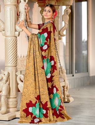 Gold floral print mulmul cotton saree with blouse. 3
