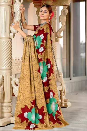 Gold floral print mulmul cotton saree with blouse.