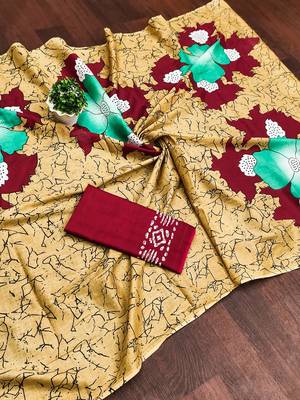 Gold floral print mulmul cotton saree with blouse. 5