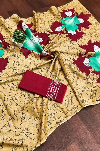 Gold floral print mulmul cotton saree with blouse.