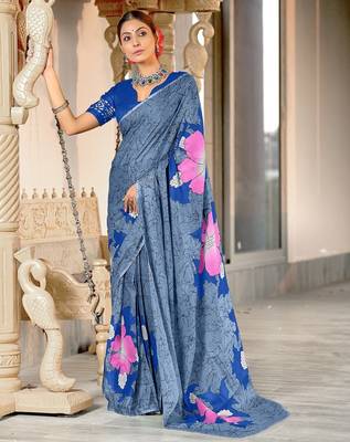 Grey floral print mulmul cotton saree with blouse. 1