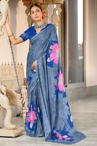 Grey floral print mulmul cotton saree with blouse.
