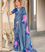 Grey floral print mulmul cotton saree with blouse.